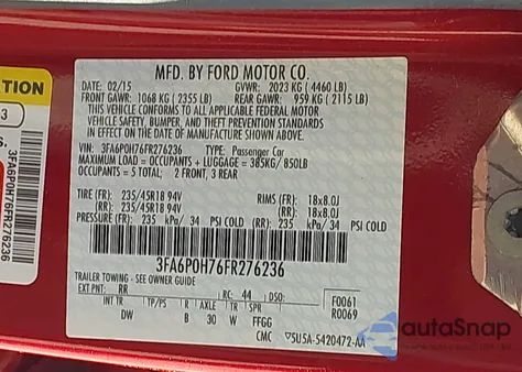 2015 Ford Fusion Se from USA, damaged, VIN 3FA6P0H76FR276236